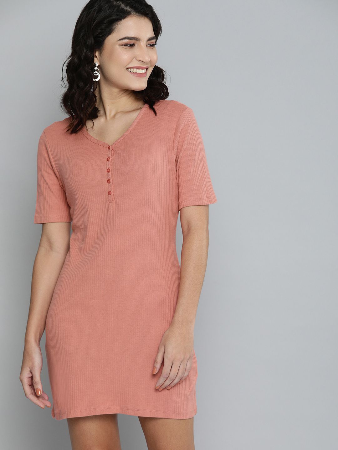 HERE&NOW Peach-Coloured Ribbed Sheath Mini Dress Price in India