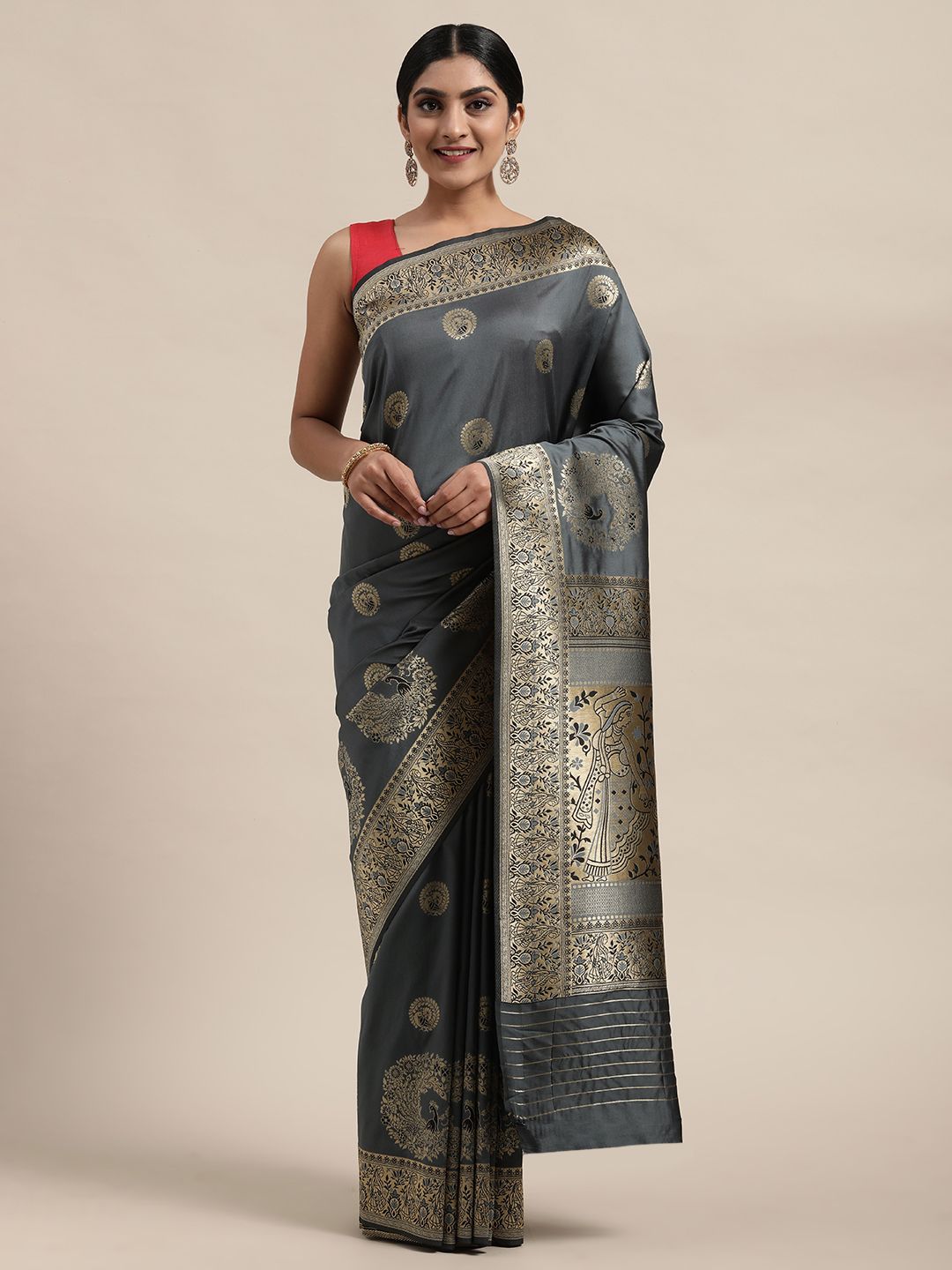 Mitera Grey & Gold-Toned Pure Silk Woven Design Banarasi Saree