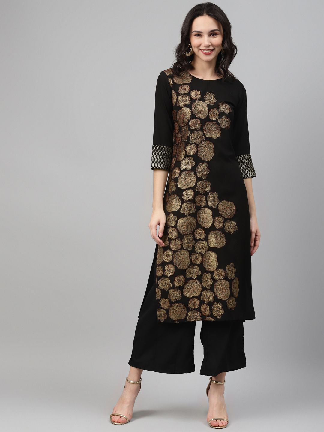 ZIYAA Women Black & Golden Printed Kurta with Palazzos Price in India