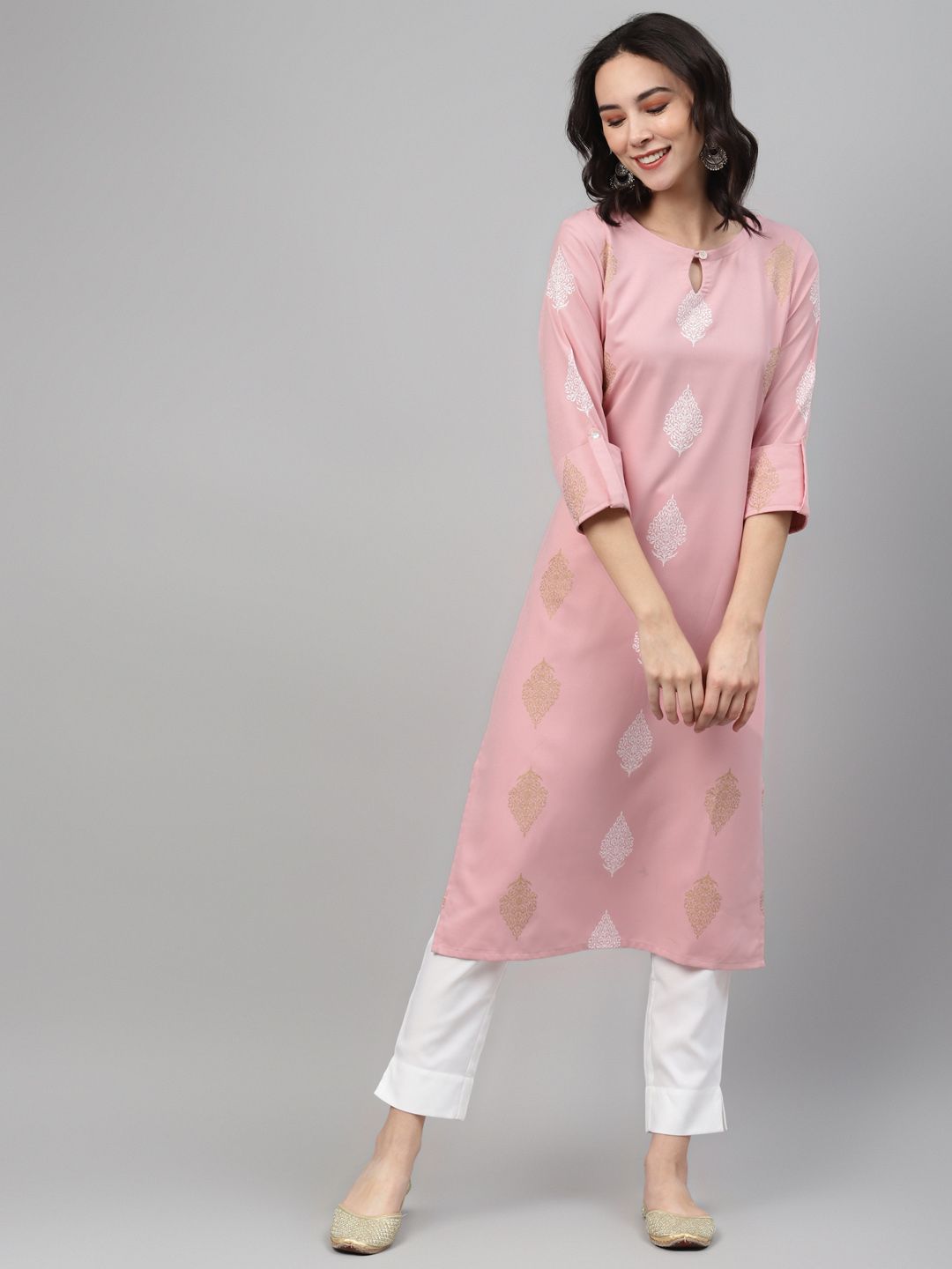 ZIYAA Women Pink & White Printed Kurta with Trousers Price in India