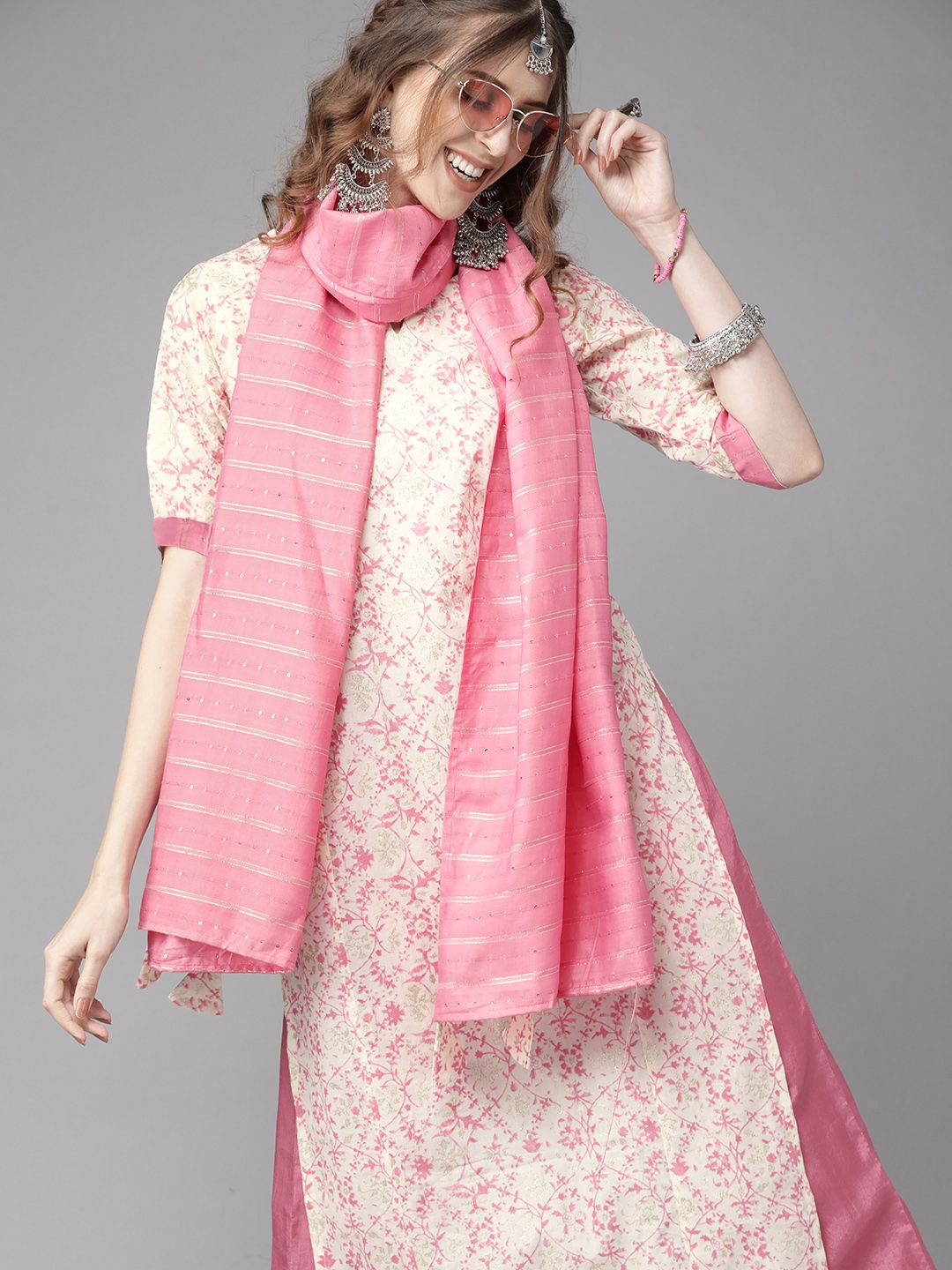 Indo Era Women Off White & Pink Printed Sequinned Cotton Kurta with Palazzos & Dupatta Price in India