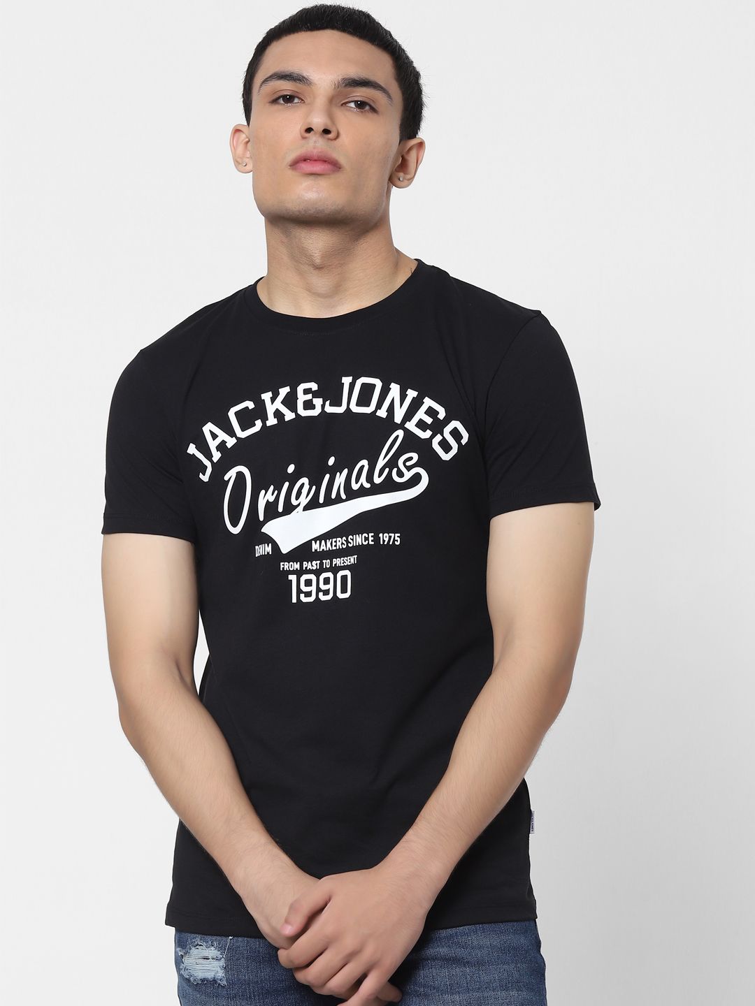 Jack & Jones Men Black Brand Logo Printed T-shirt