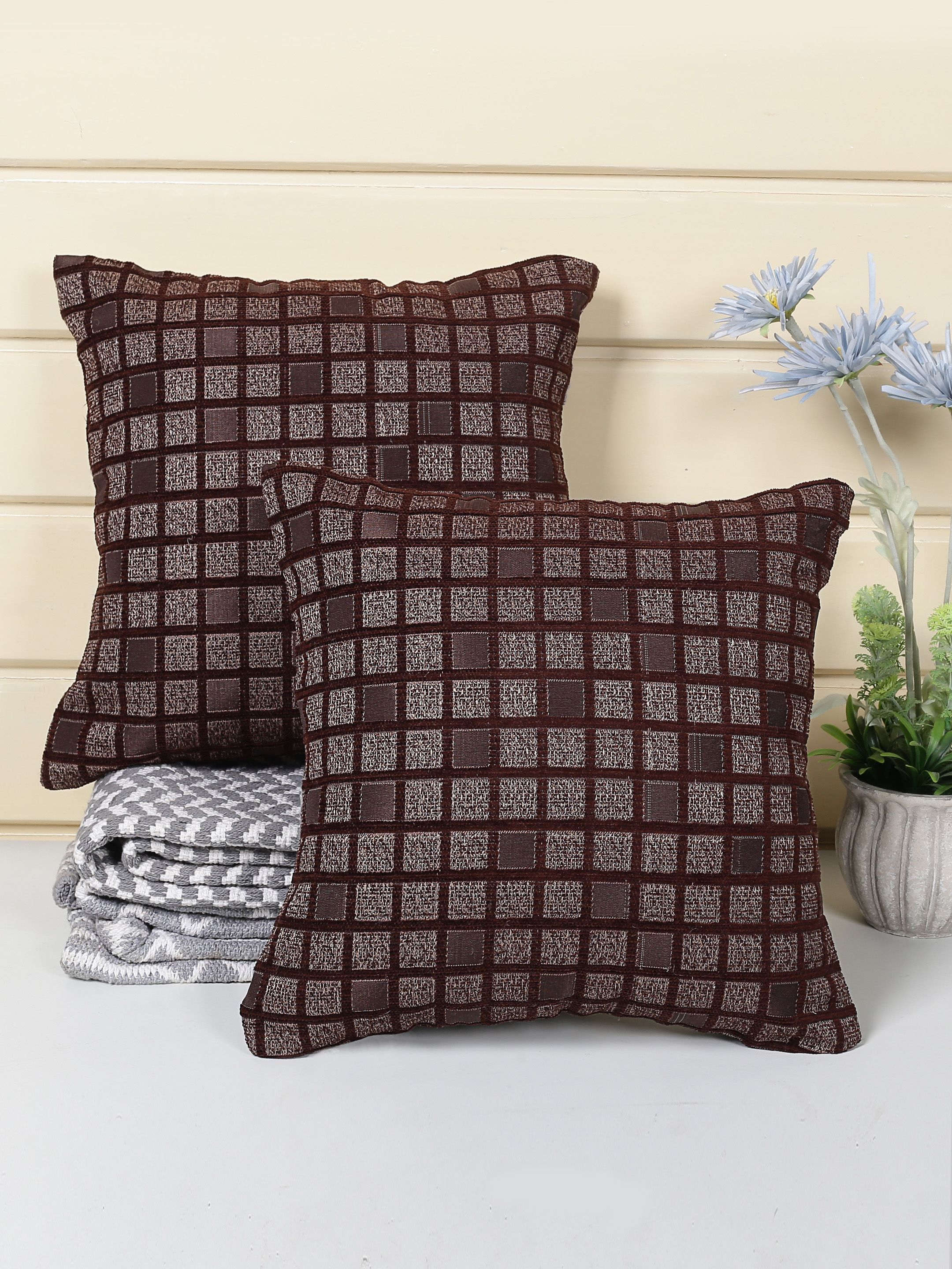 Saral Home Brown Set of 2 Checked Square Cushion Covers Price in India