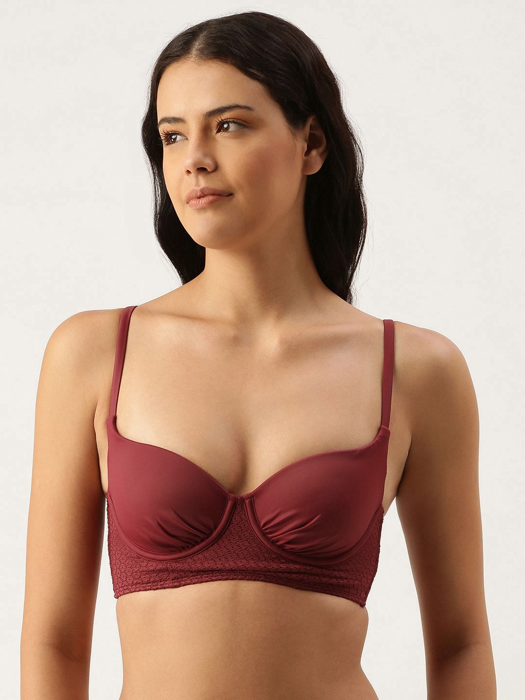 Amante Red Solid Long Line Padded Bandeau Swim Top With Stylish Back Detail SWT17617 Price in India