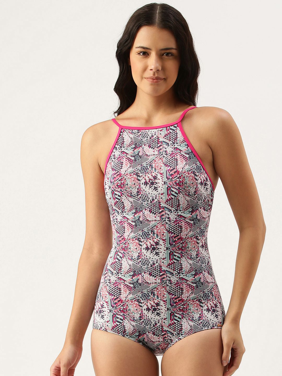 Amante Women Grey & Pink Printed Halter Neck Swimsuit Price in India