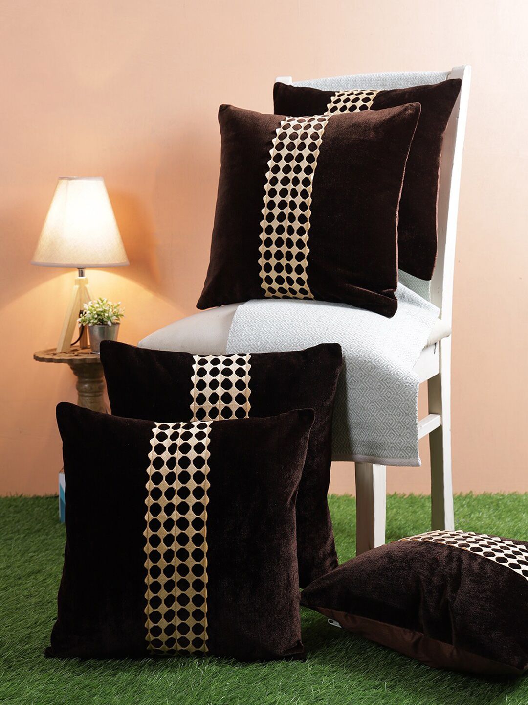 ROMEE Coffee Brown & Beige Set of 5 Geometric Velvet Square Cushion Covers Price in India