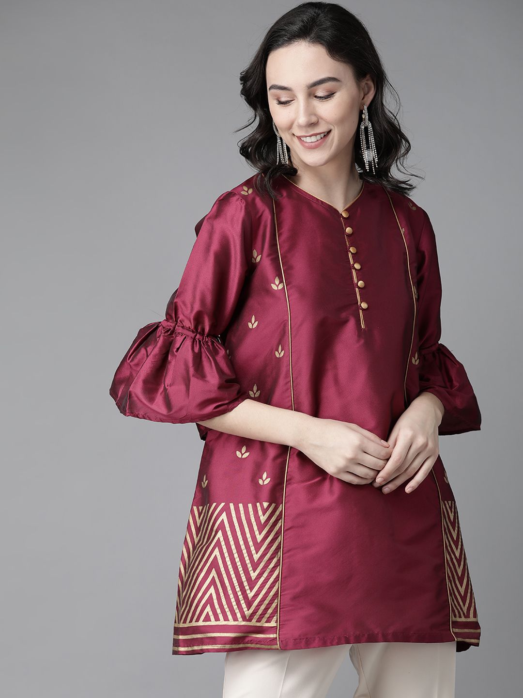 Bhama Couture Women Magenta & Golden Silk Printed Tunic Price in India
