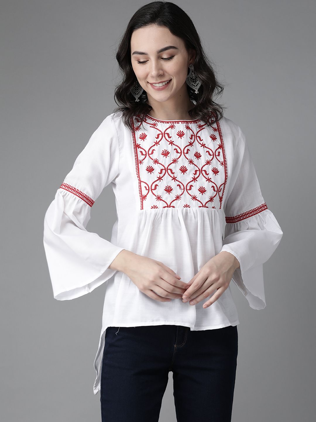 Bhama Couture Women White & Red Embroidered Tunic Price in India