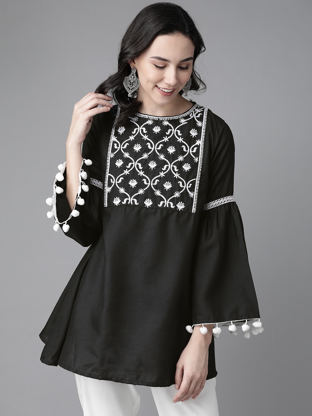 Bhama Couture Women Black & White Embroidered Tunic Price in India