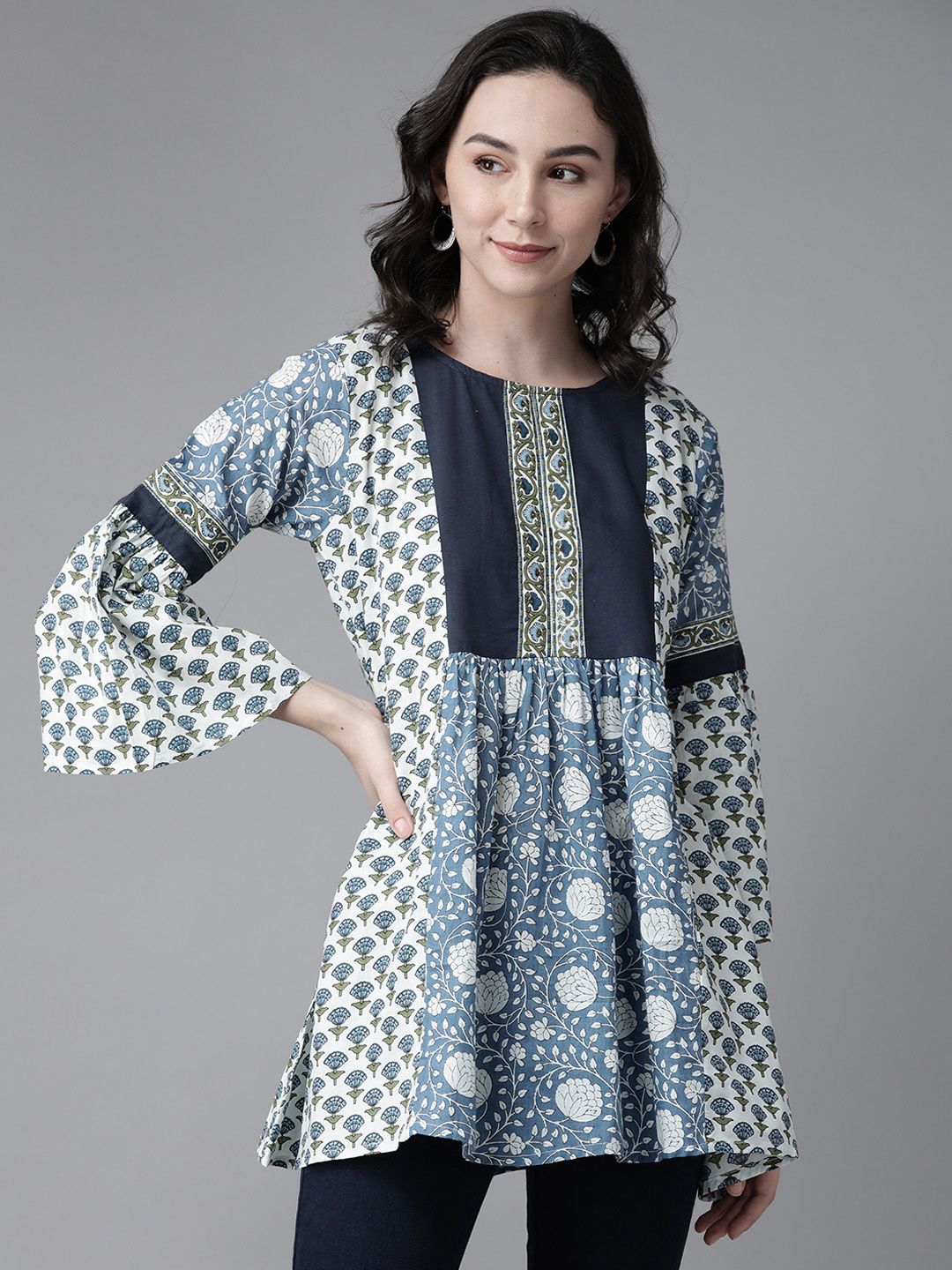 Bhama Couture Women Off-White & Blue Printed Tunic Price in India