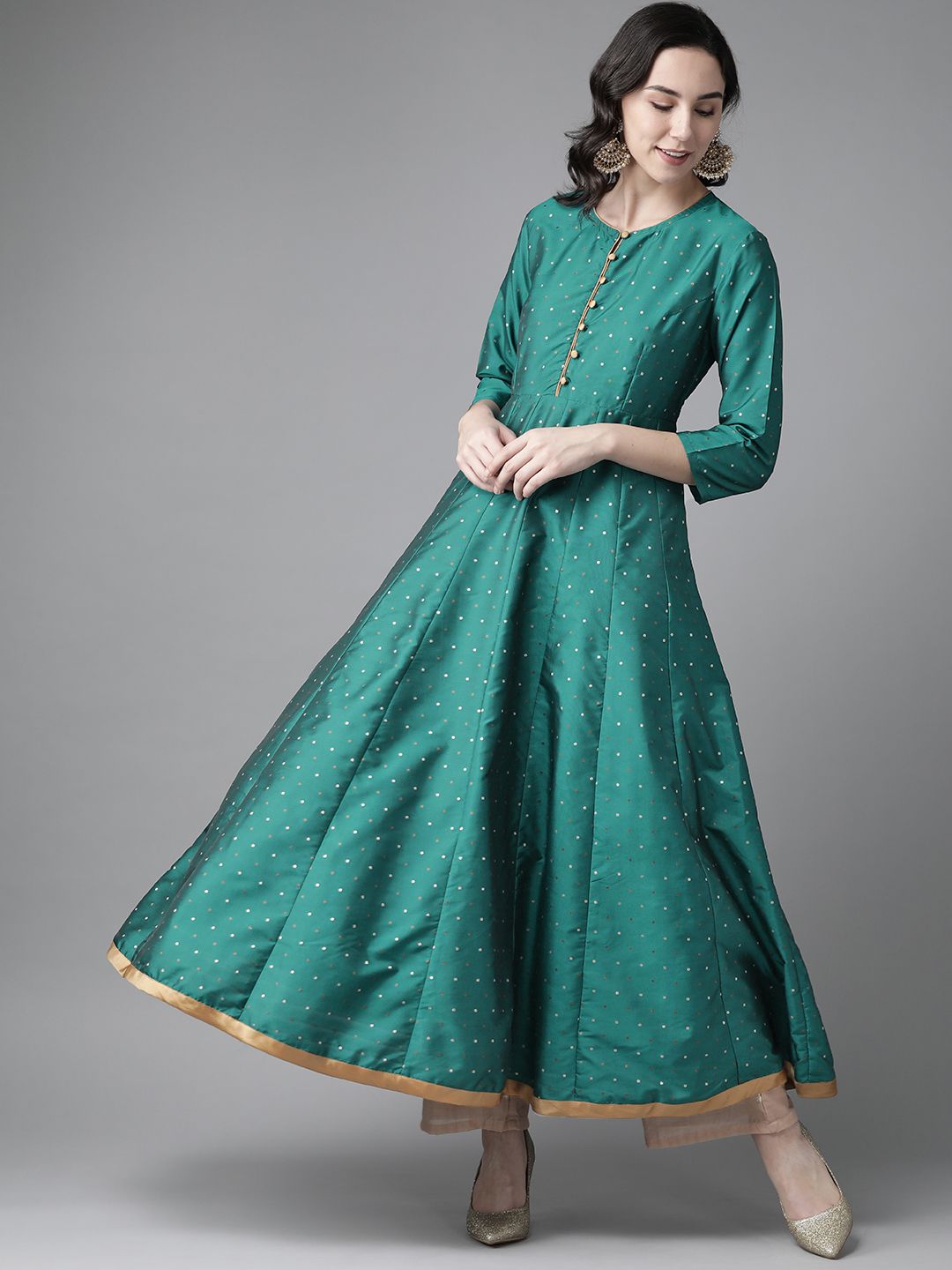 Bhama Couture Women Green & Golden Woven Design A-line Panelled Kurta