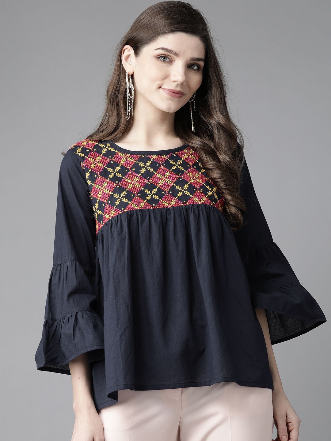 Bhama Couture Navy Blue & Red Embroidered Detail A-Line Top