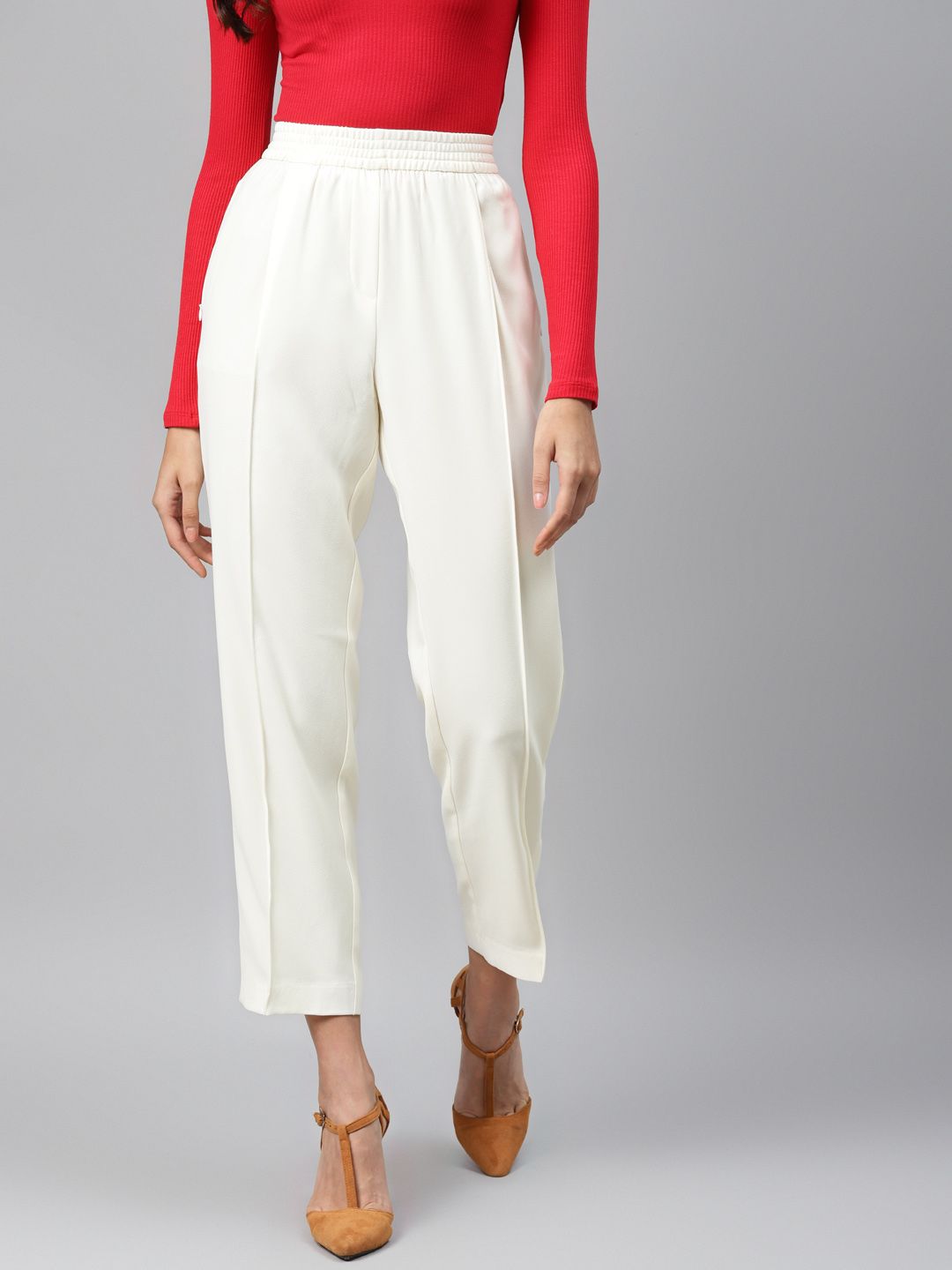 Marks & Spencer Women Off-White Tapered Fit Solid Crop Darted Trousers Price in India