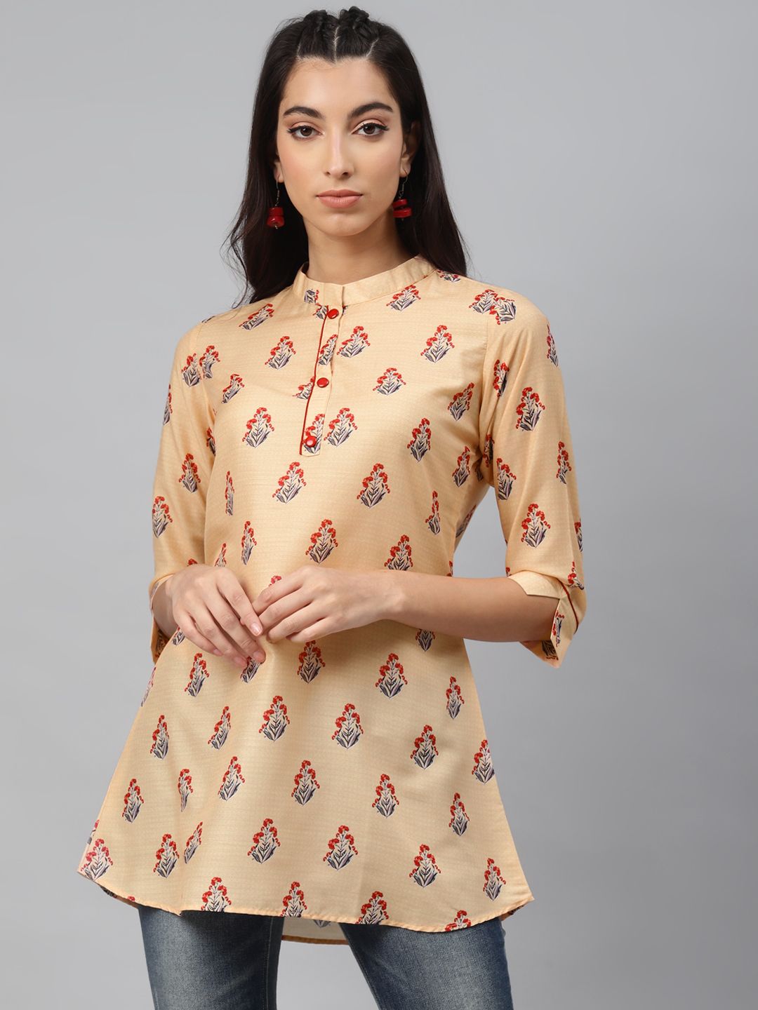 shiloh Women Peach-Coloured & Red Floral Block Print Straight Tunic Price in India