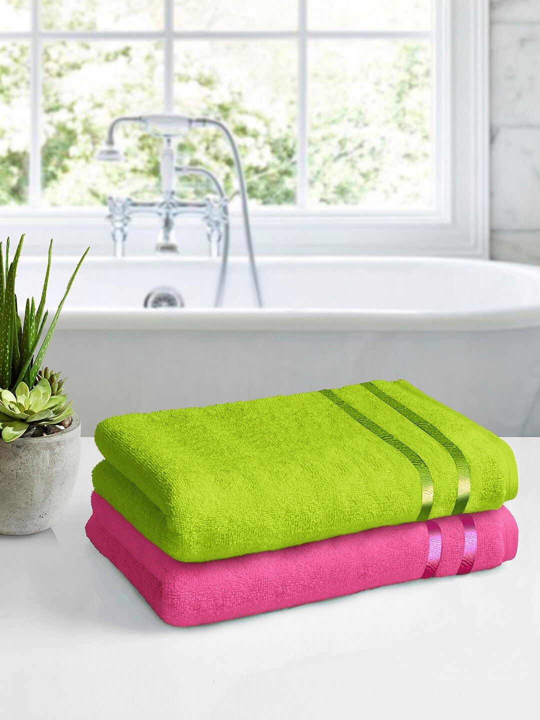 Story@home Set Of 2 Pink & Green 450GSM Super Absorbent Cotton Medium Size Bath Towels Price in India