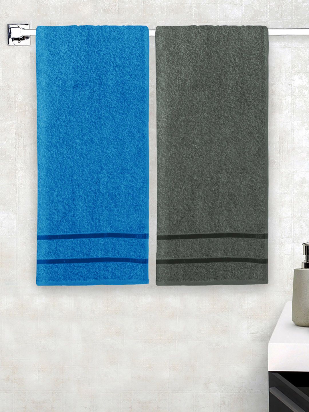 Story@home Set Of 2 Blue & Charcoal 450GSM Super Absorbent Cotton Medium Size Bath Towels Price in India