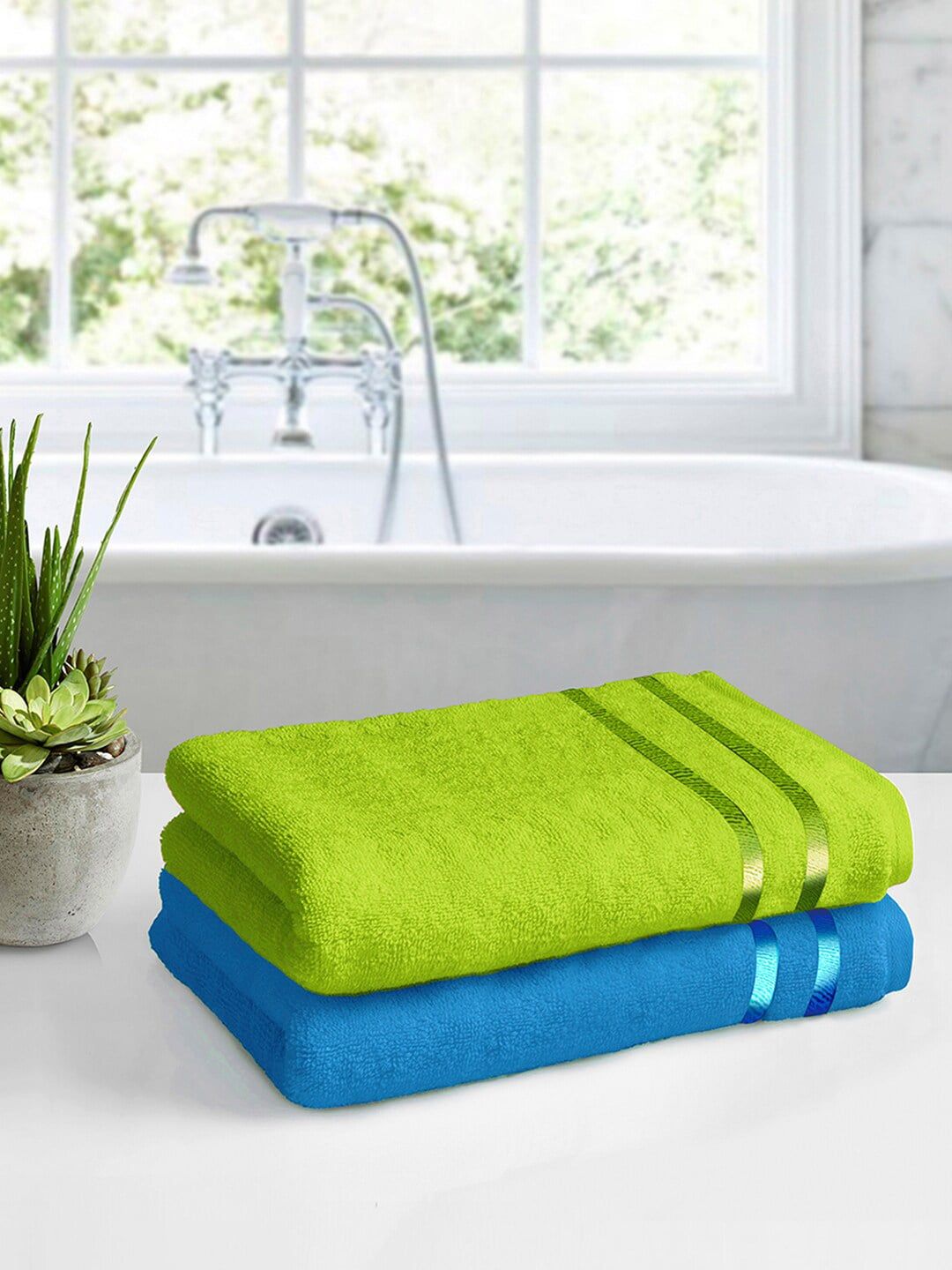 Story@home Set Of 2 Green & Blue Solid 450 GSM Bath Towels Price in India