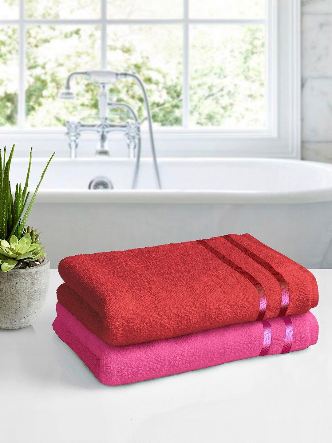 Story@home Set Of 2 Pink & Red Solid 450 GSM Pure Cotton Medium Bath Towels Price in India