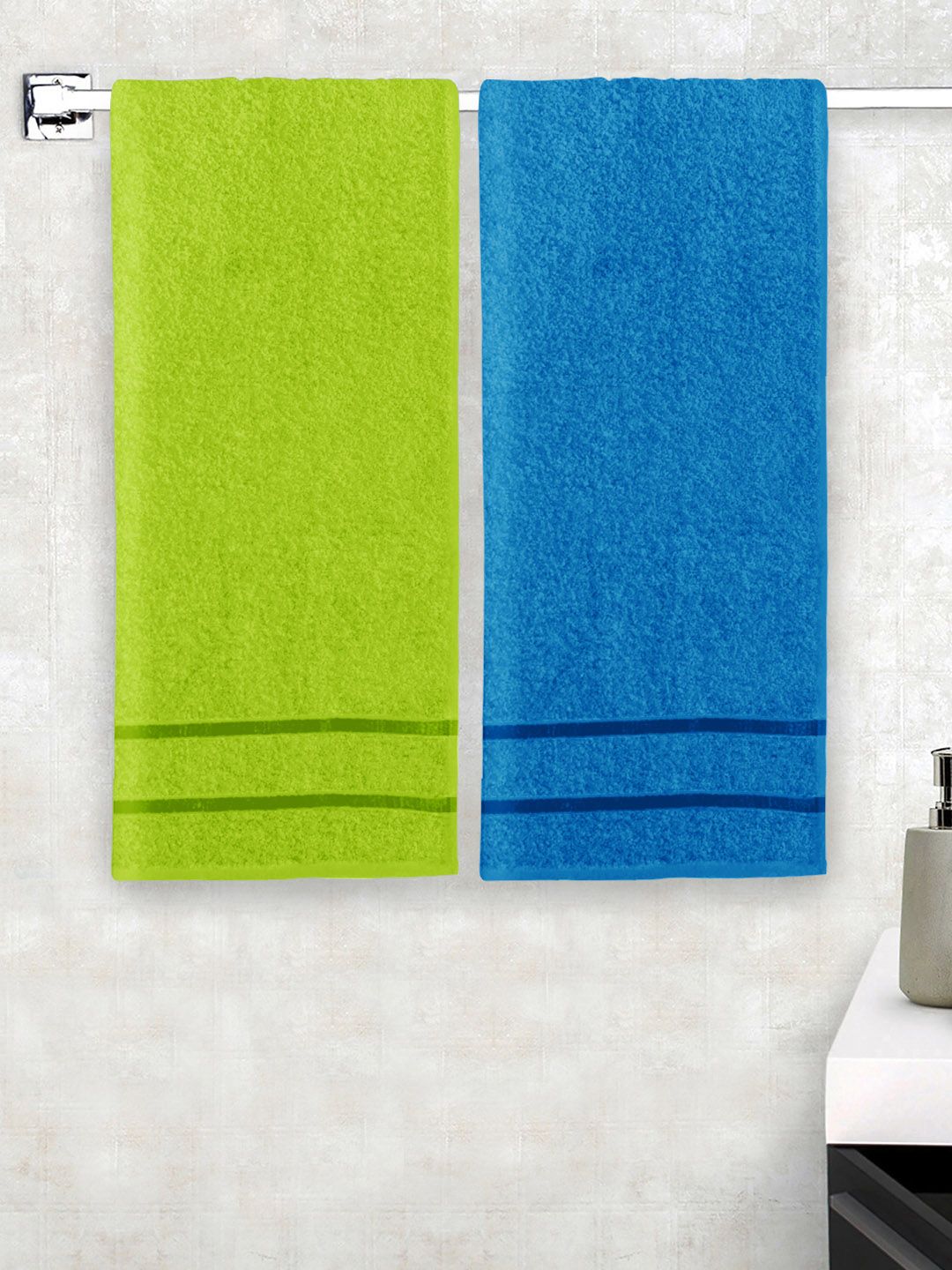 Story@home Set Of 2 Green & Blue Solid 450GSM Pure Cotton Medium Bath Towels Price in India