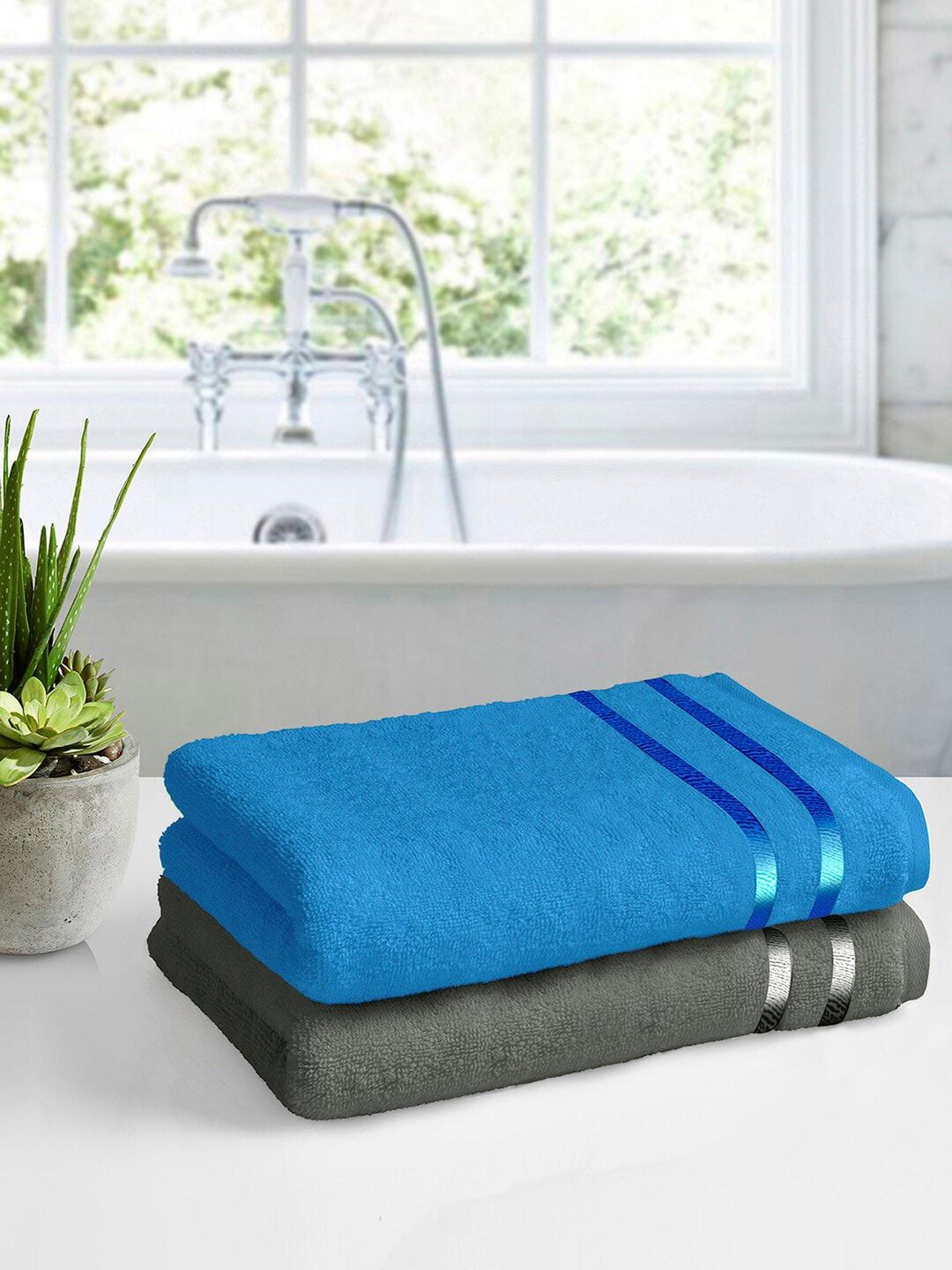 Story@home Set Of 2 Blue & Grey Solid 450 GSM Bath Towels Price in India