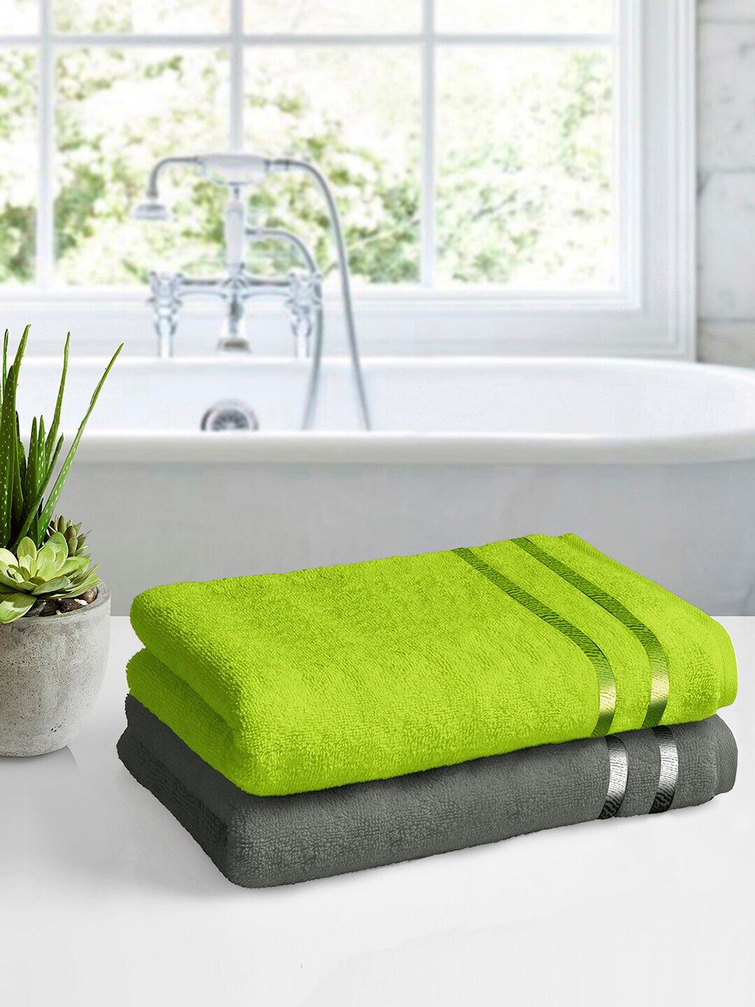 Story@home Green & Grey Set Of 2 Solid 450 GSM Super Absorbent Cotton Bath Towels Price in India