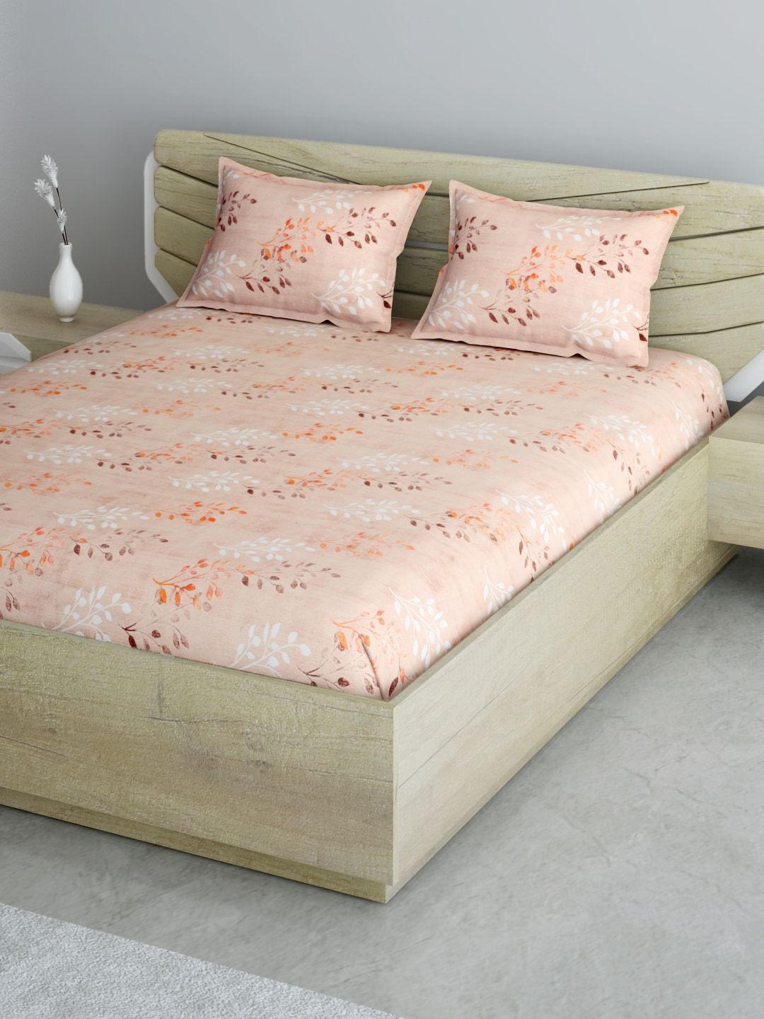 Aura Peach-Coloured & Brown Floral 144 TC 120 GSM Cotton 1 Queen Bedsheet & 2 Pillow Cover Price in India