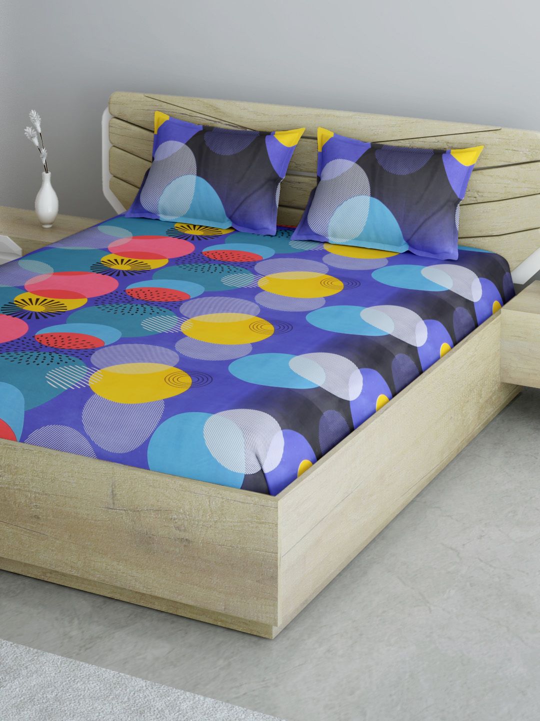 Aura Blue & Yellow Geometric 144 TC 120 GSM Queen Bedsheet with 2 Pillow Covers Price in India