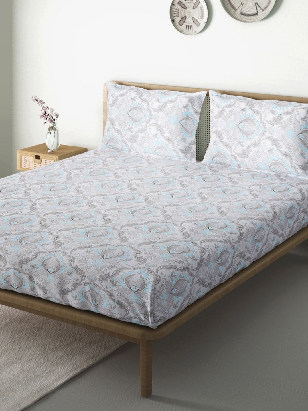 Aura Grey & Blue Ethnic Motifs 144 TC 120 GSM Cotton Queen Bedsheet with 2 Pillow Covers Price in India