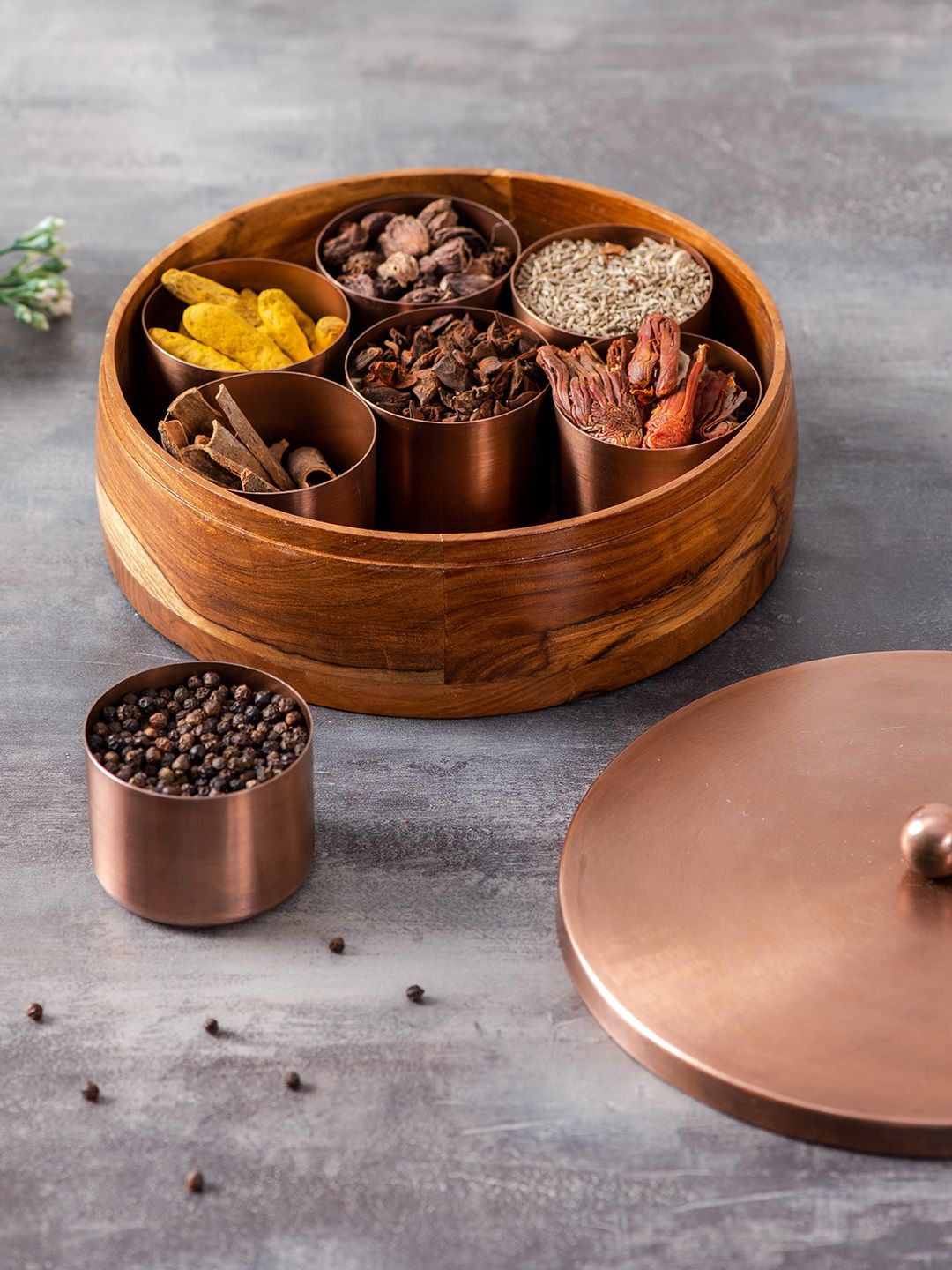 nestroots Brown & Copper-Toned Solid Round Masala Box Price in India