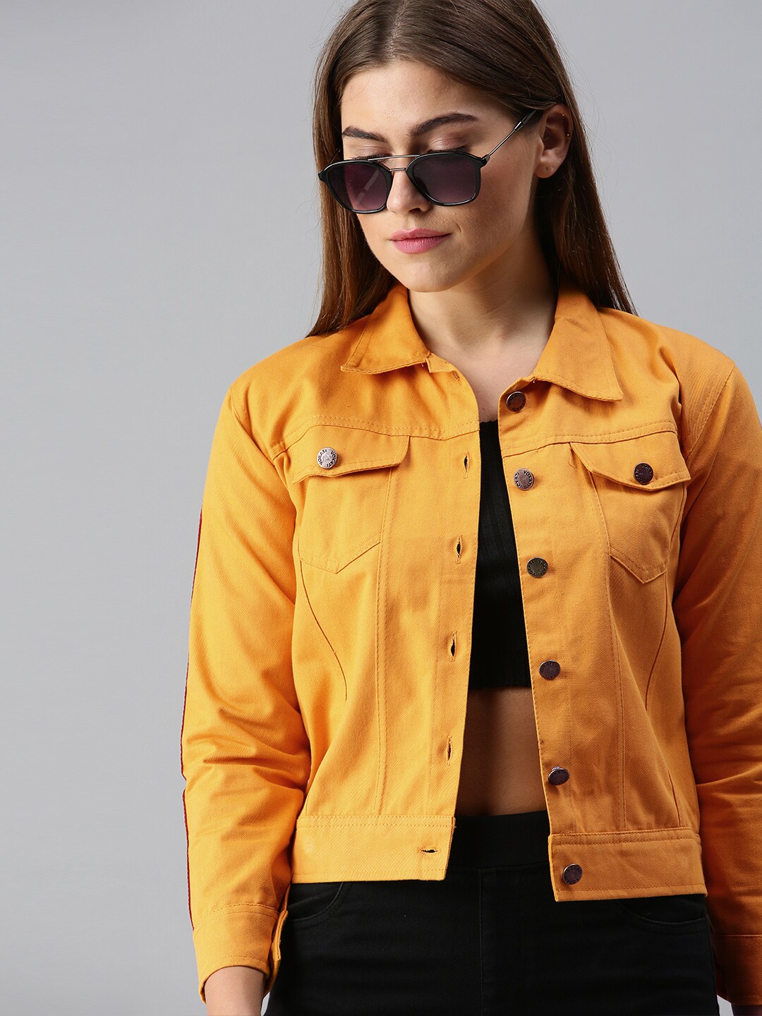 VOXATI Women Yellow Solid Denim Jacket with Side Stripes Price in India