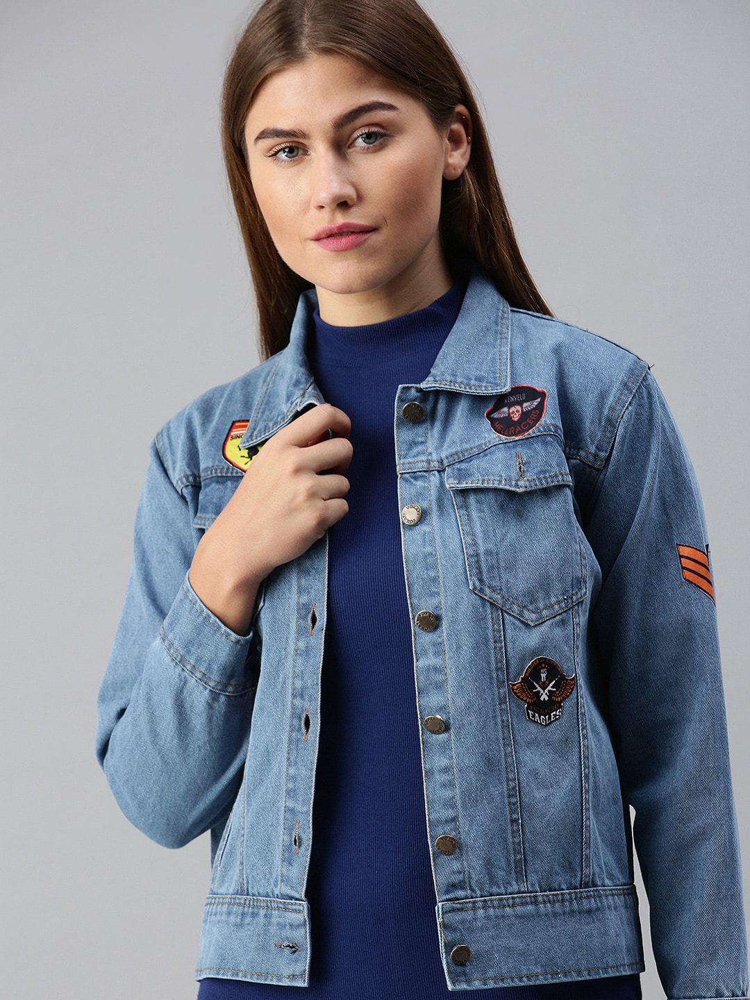 VOXATI Women Blue Printed Denim Jacket With Patch Work Price in India