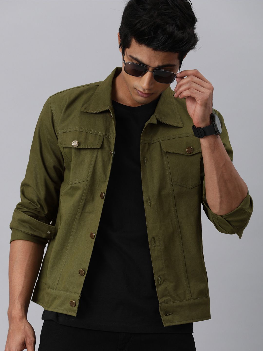 VOXATI Men Olive Green Solid Denim Jacket