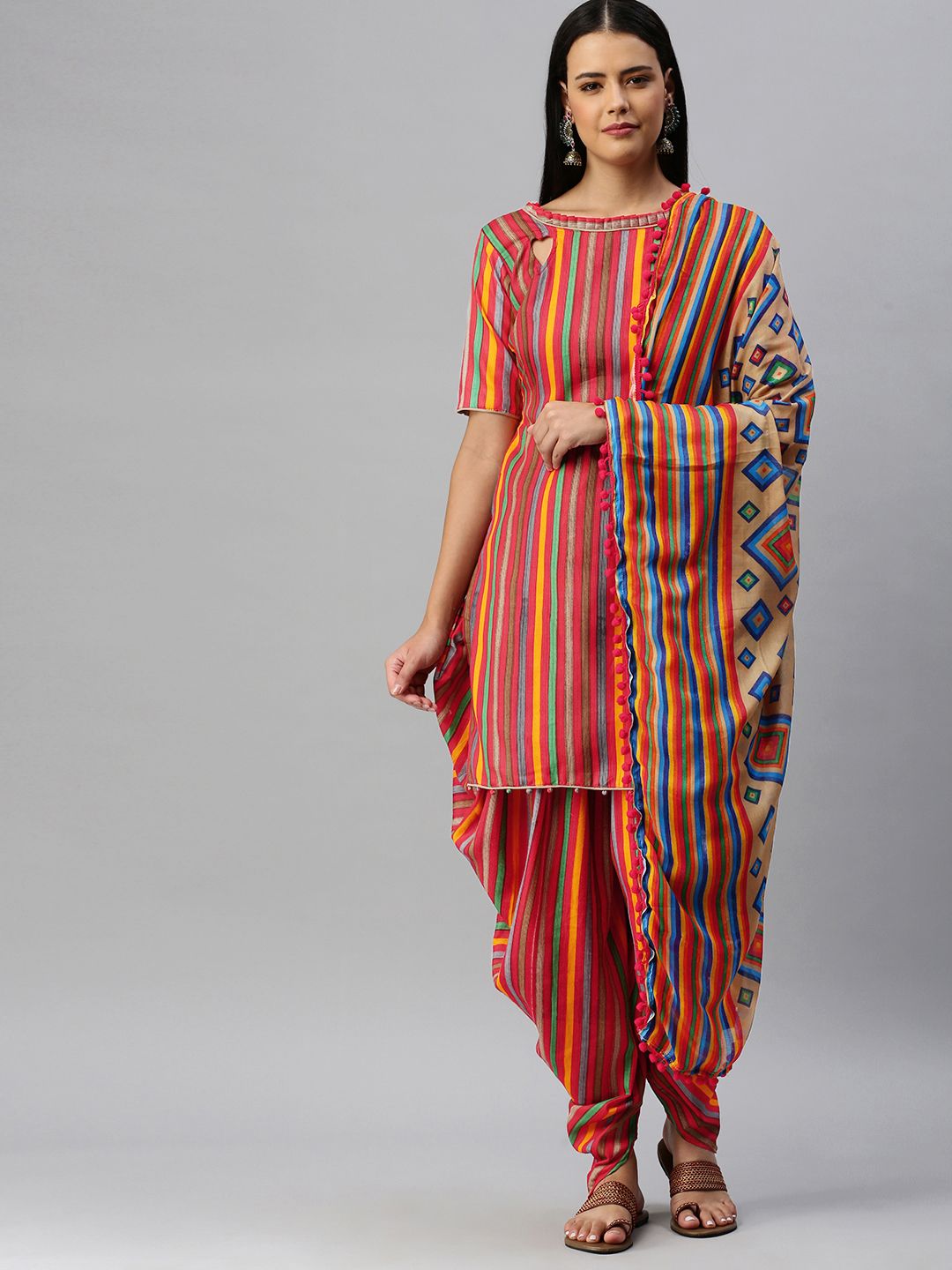 SHAVYA Multicoloured Striped Cotton Blend Unstitched Kurta Set Dress Material Price in India