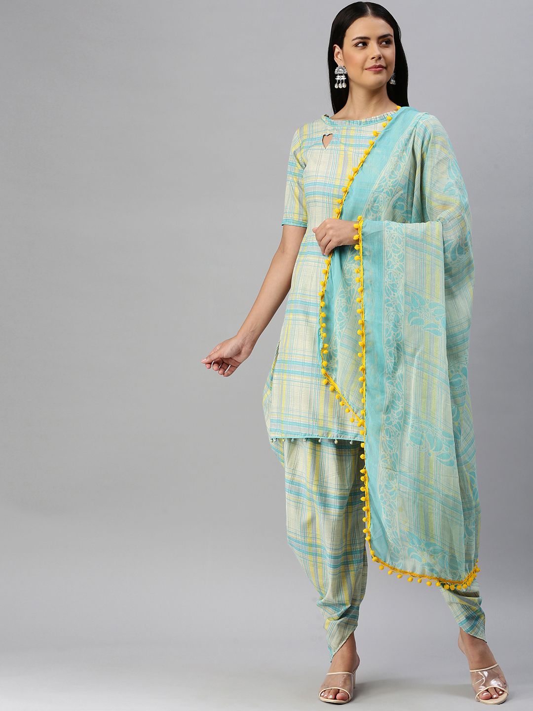 SHAVYA Turquoise Blue & Beige Checked Cotton Blend Unstitched Kurta Set Dress Material Price in India