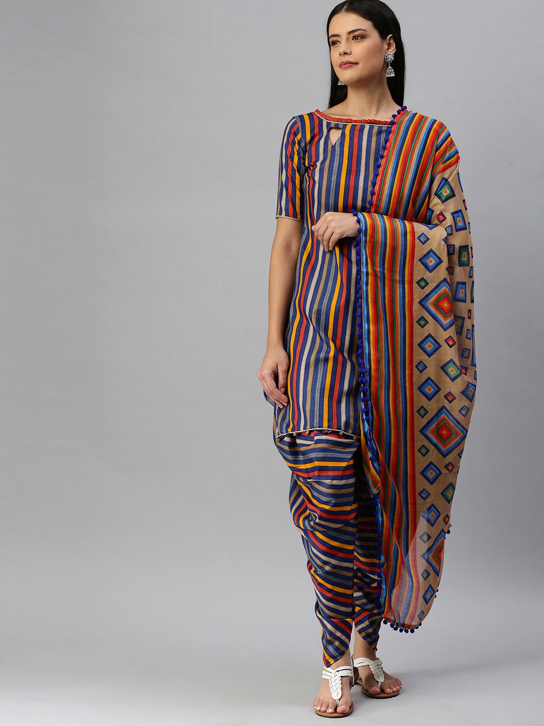 SHAVYA Multicoloured Striped Cotton Blend Unstitched Kurta Set Dress Material Price in India