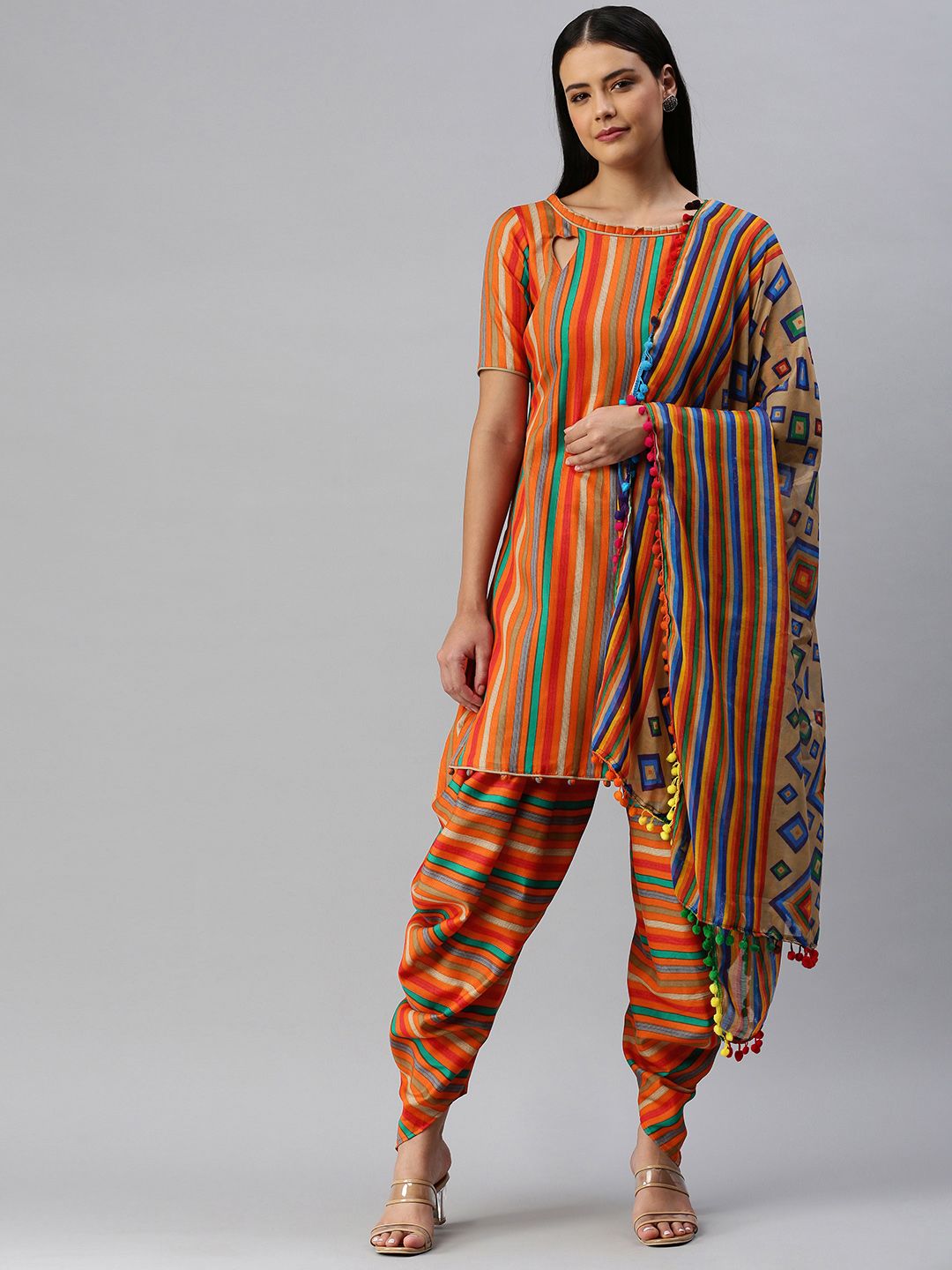 SHAVYA Multicoloured Striped Cotton Blend Unstitched Kurta Set Dress Material Price in India