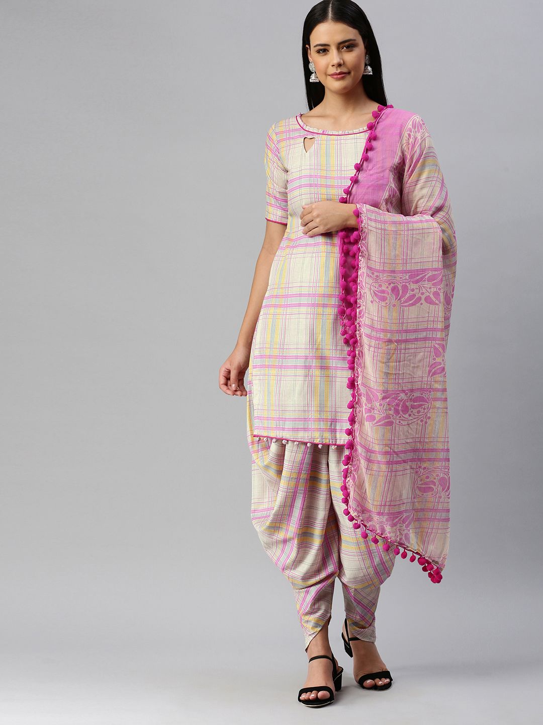 SHAVYA Off-White & Pink Cotton Blend Unstitched Dress Material Price in India