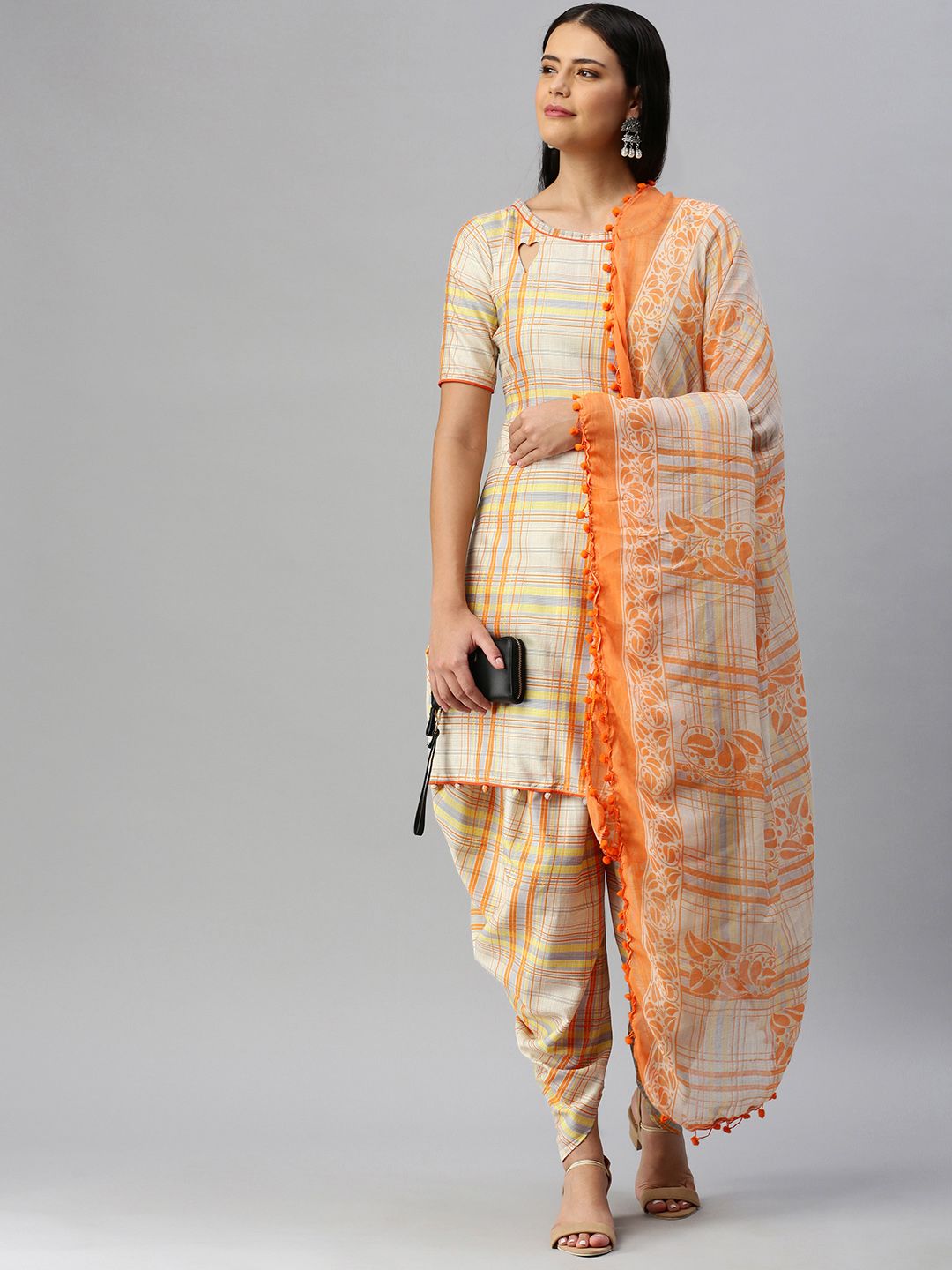 SHAVYA Orange & Beige Checked Cotton Blend Unstitched Kurta Set Dress Material Price in India