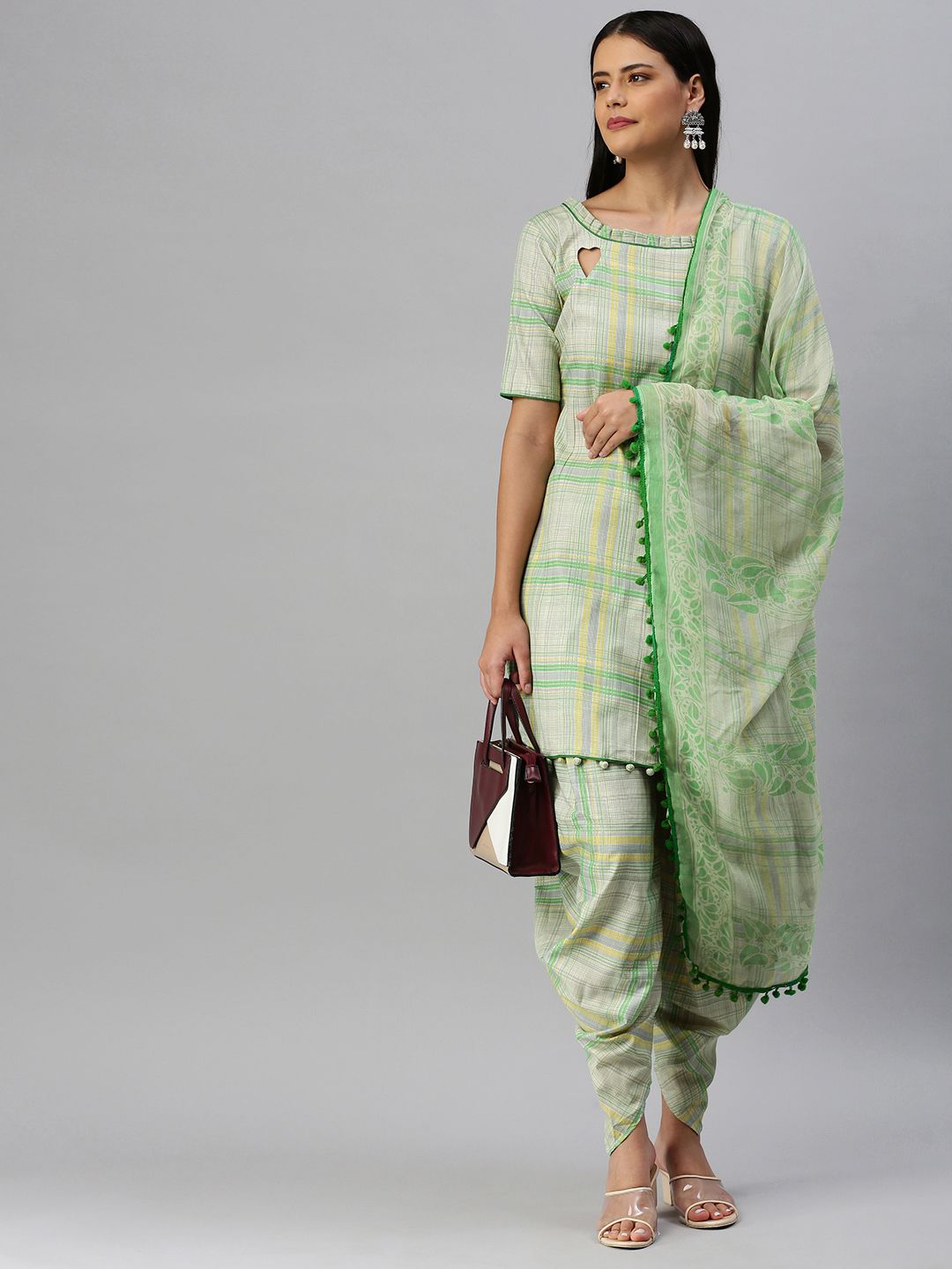 SHAVYA Green & Beige Checked Cotton Blend Unstitched Kurta Set Dress Material Price in India