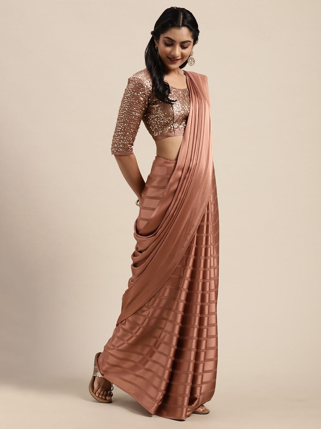 Saree mall Brown Striped Satin Saree