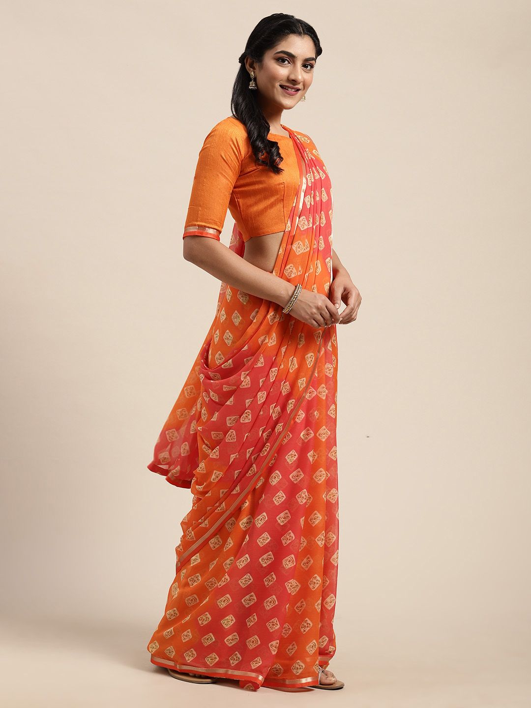 Saree mall Orange & Cream-Coloured Pure Chiffon Geomatric Printed Mysore Silk Saree Price in India