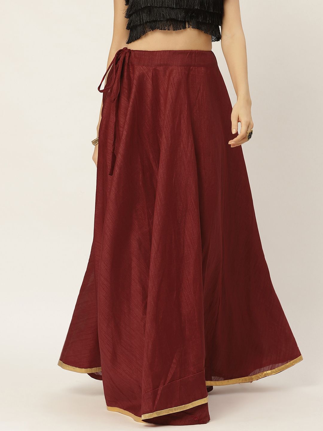 Studio Shringaar Women Maroon Solid Full Flare Double Ghera Lehenga Skirt