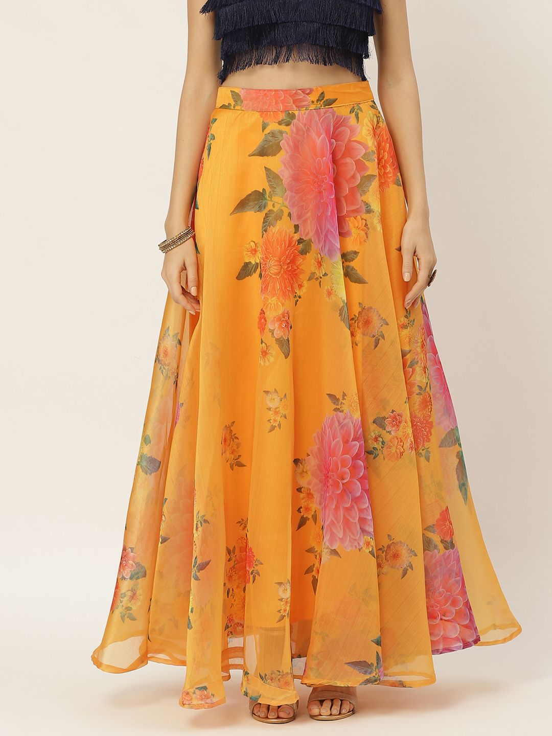 Studio Shringaar Mustard Yellow & Pink Floral Print Lehenga Skirt Price in India