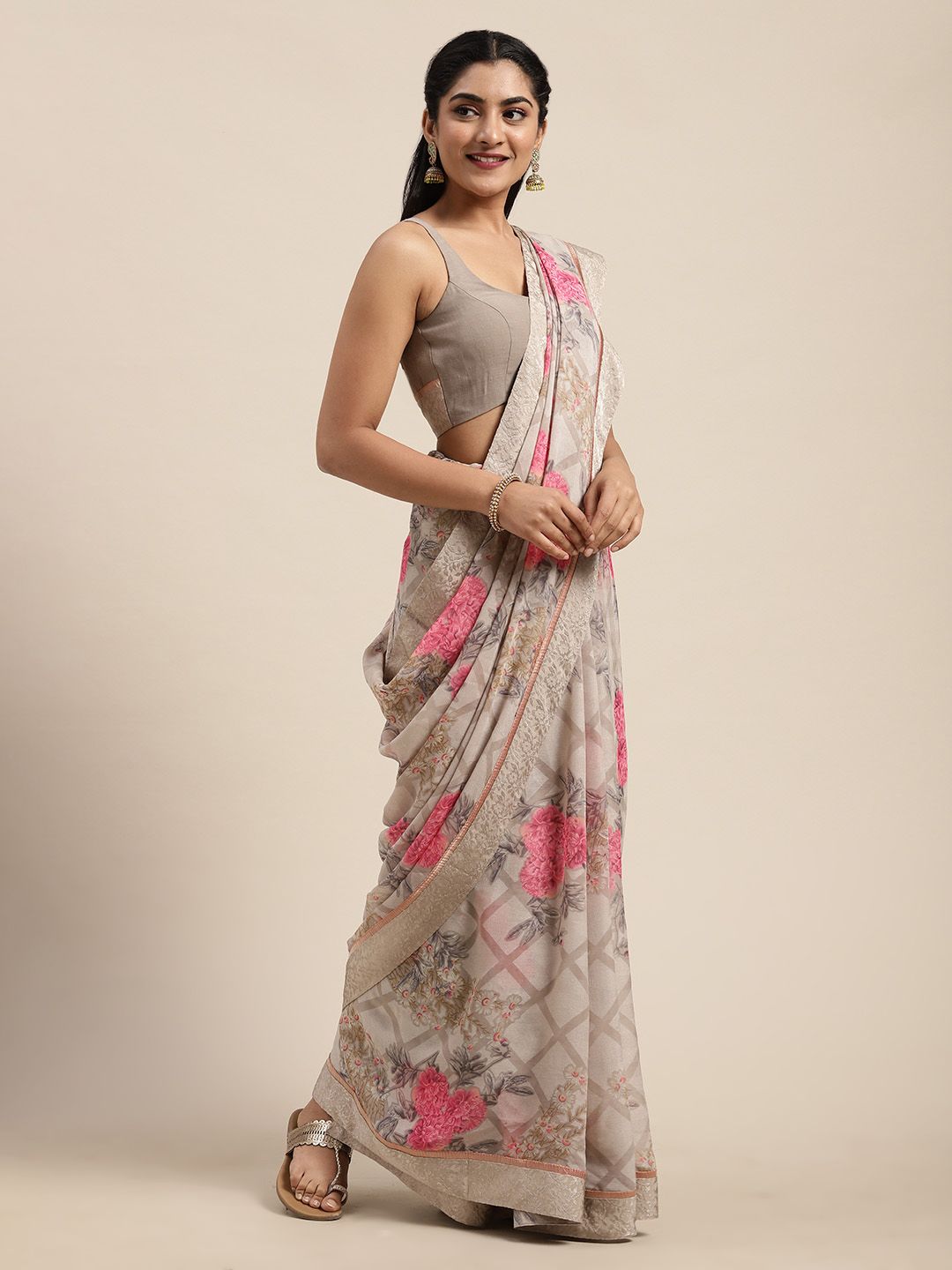 Soch Grey & Pink Poly Georgette Floral Printed Saree