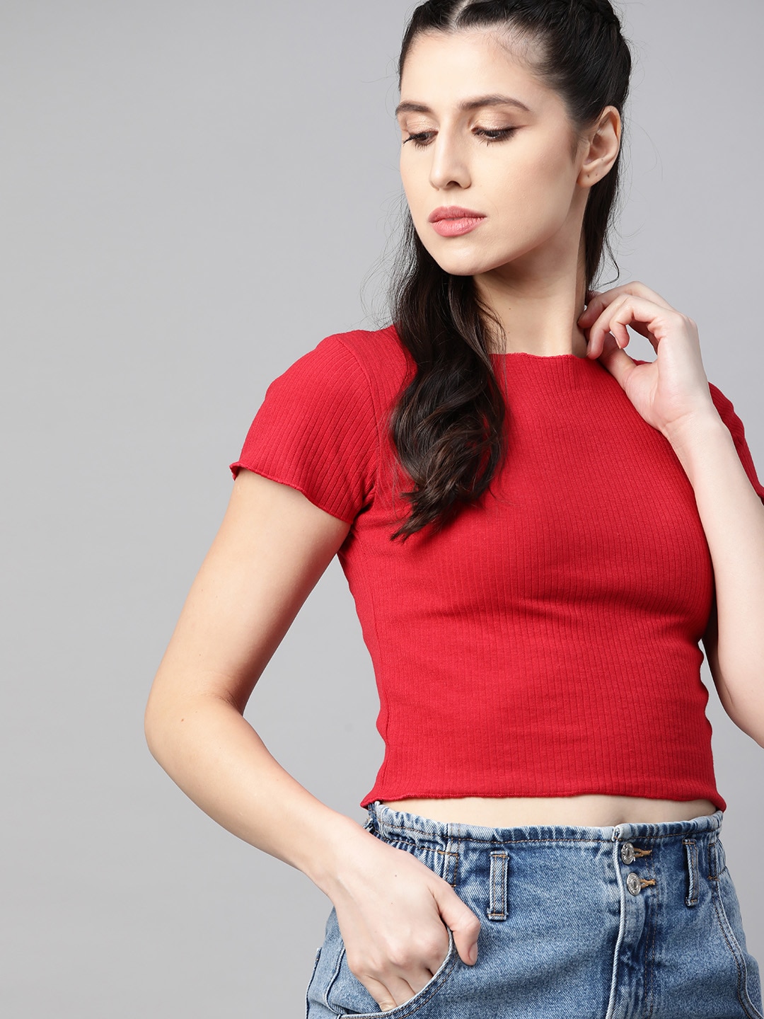 Roadster Red Ribbed Fitted Crop Top Price in India
