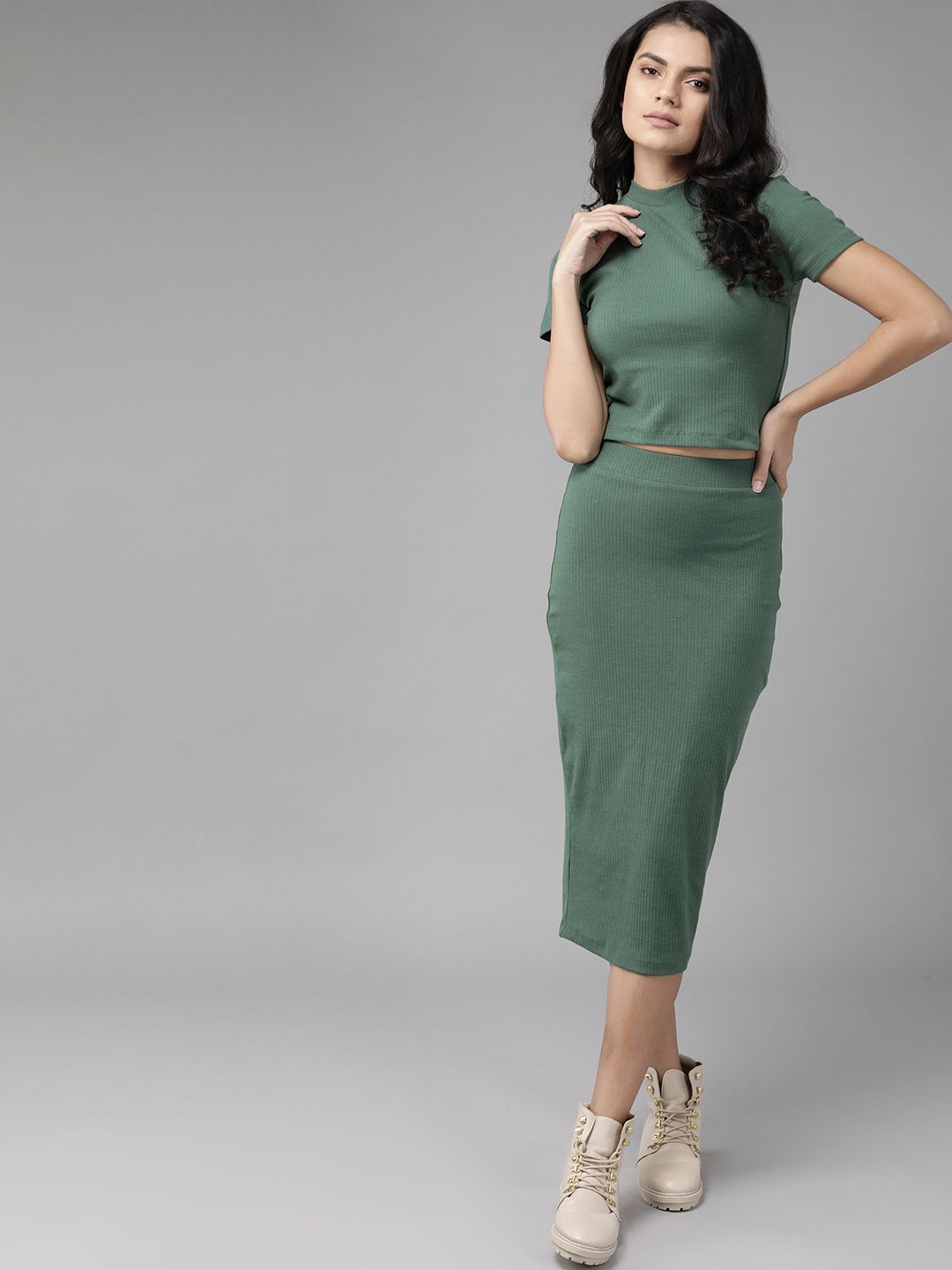 Roadster Green Ribbed Co-Ord Set