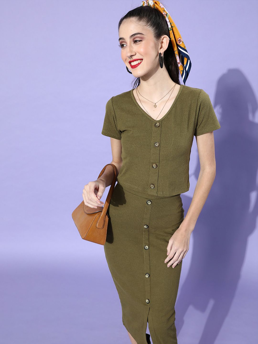 Roadster Women Lovely Olive Solid Co-Ord Set Dress