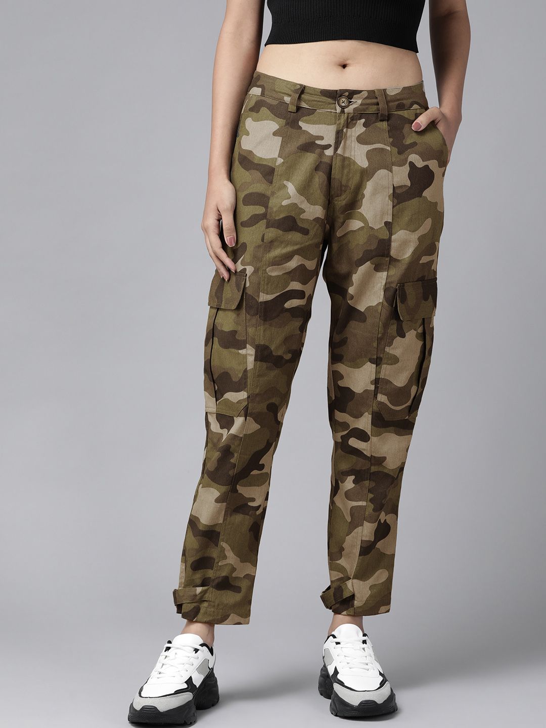 Roadster Women Olive Green & Black Pure Cotton Camouflage Printed Cargos Trousers Price in India