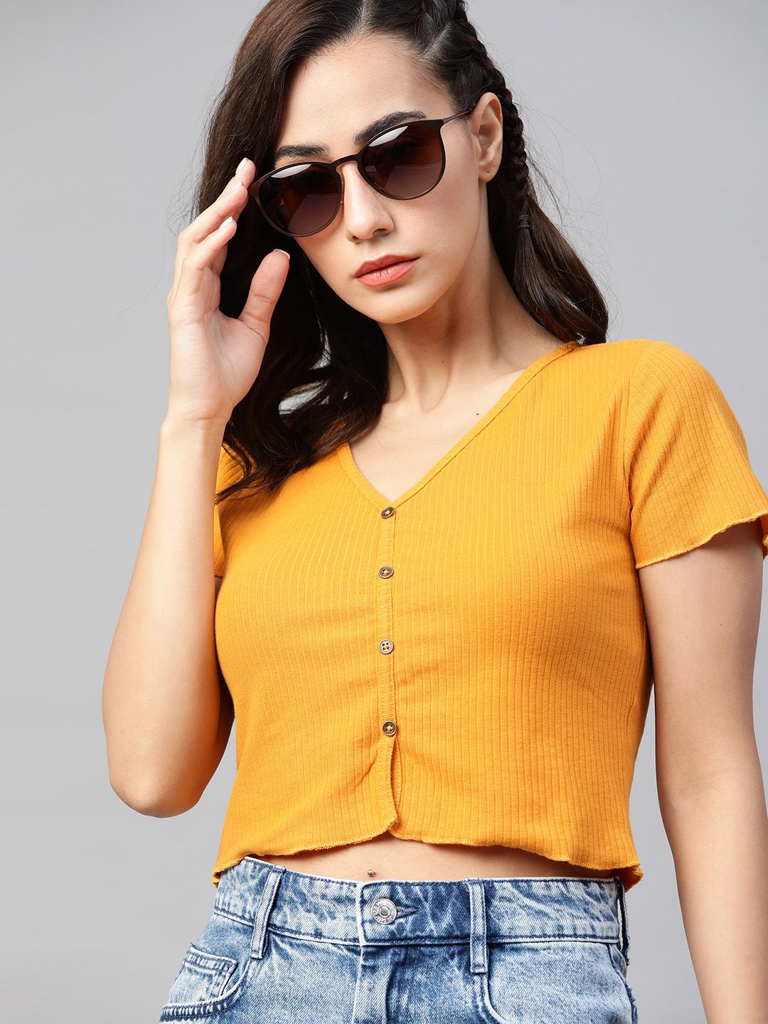 Roadster Mustard Yellow Ribbed Fitted Crop Top