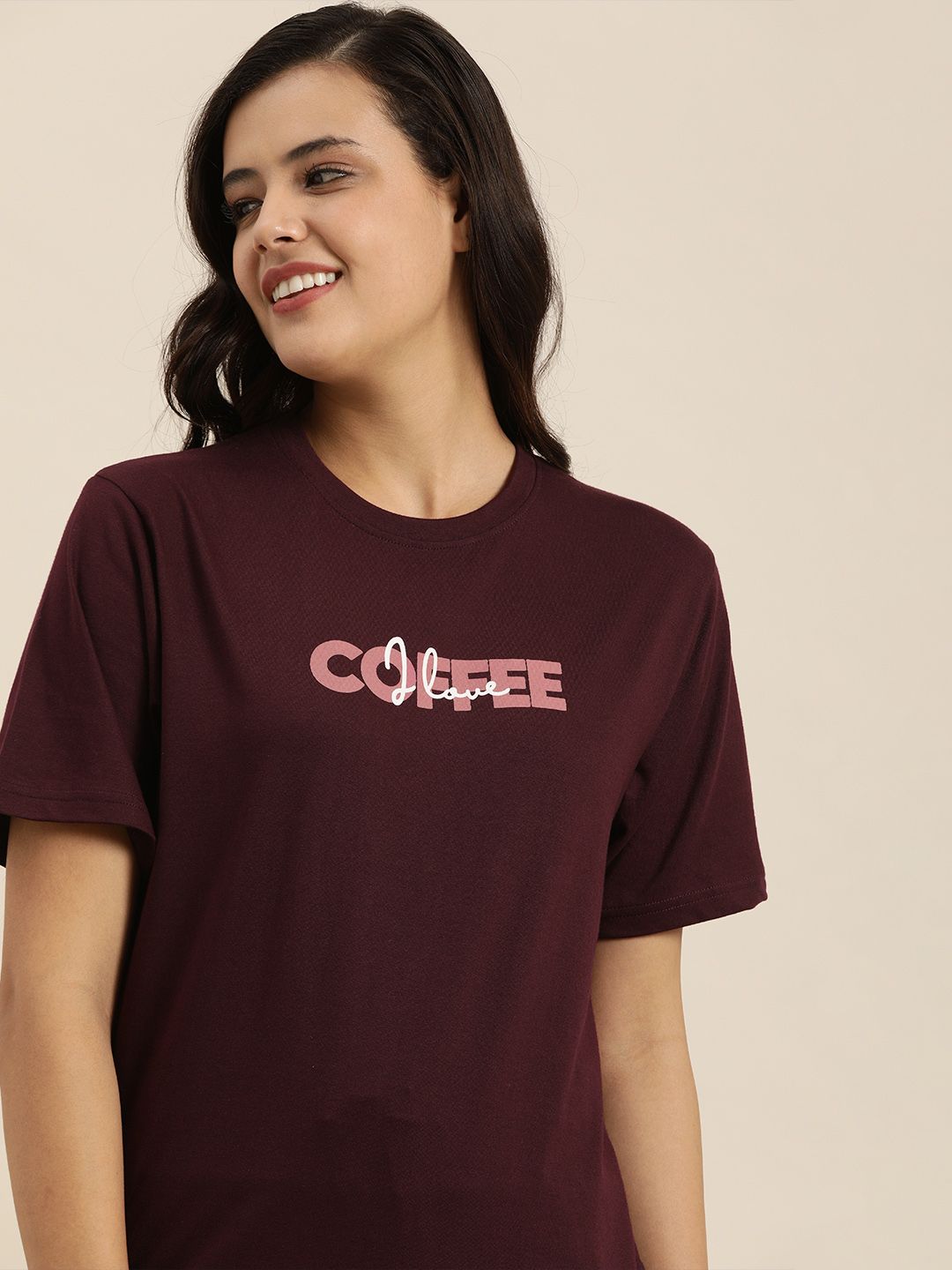 QUARANTINE Women Maroon Typography Printed Oversized Lounge T-shirt Price in India